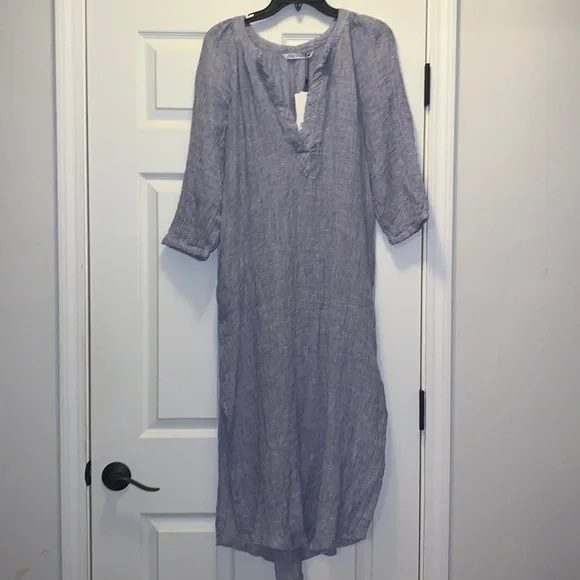 Zara gauzy Linen Tunic Dress, with pockets, blue & white woven fabric, NWT - Picture 3 of 11
